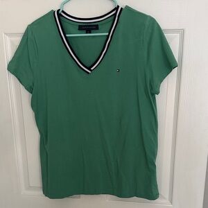 Tommy Hilfiger Green V-Neck Tee with Striped Collar